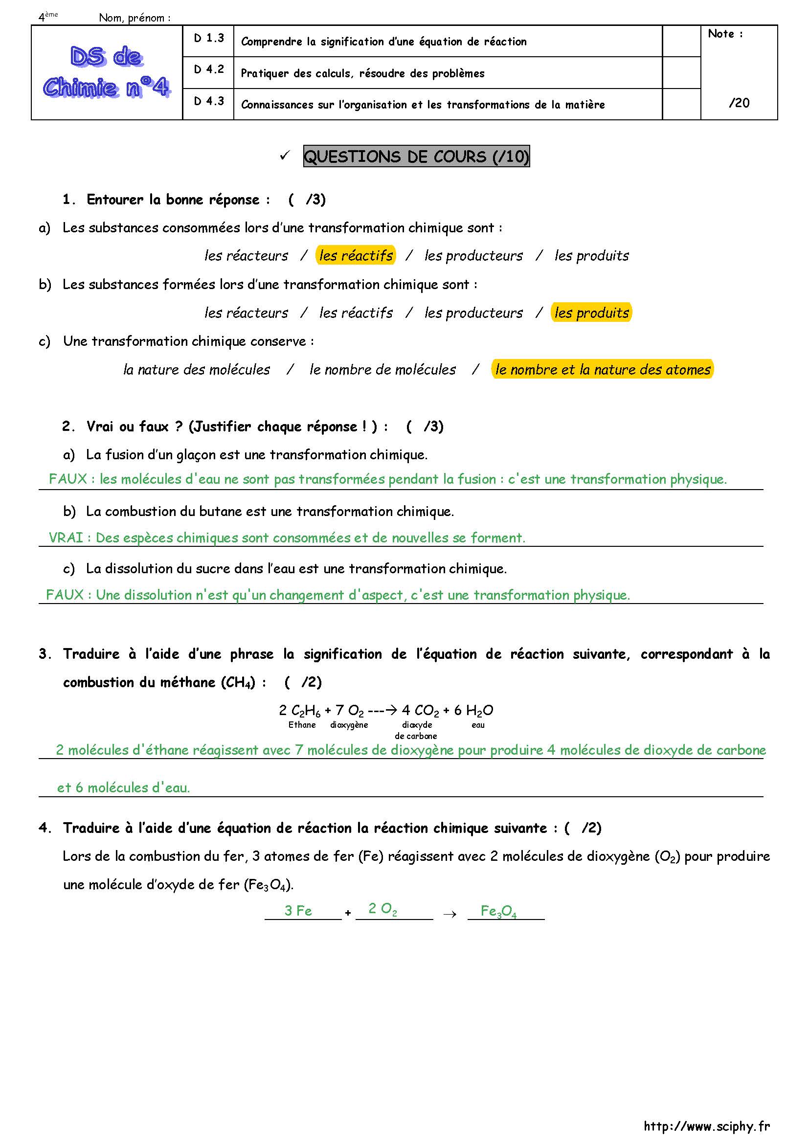 DS 4 4ème réaction chimique 2024 Page 1
