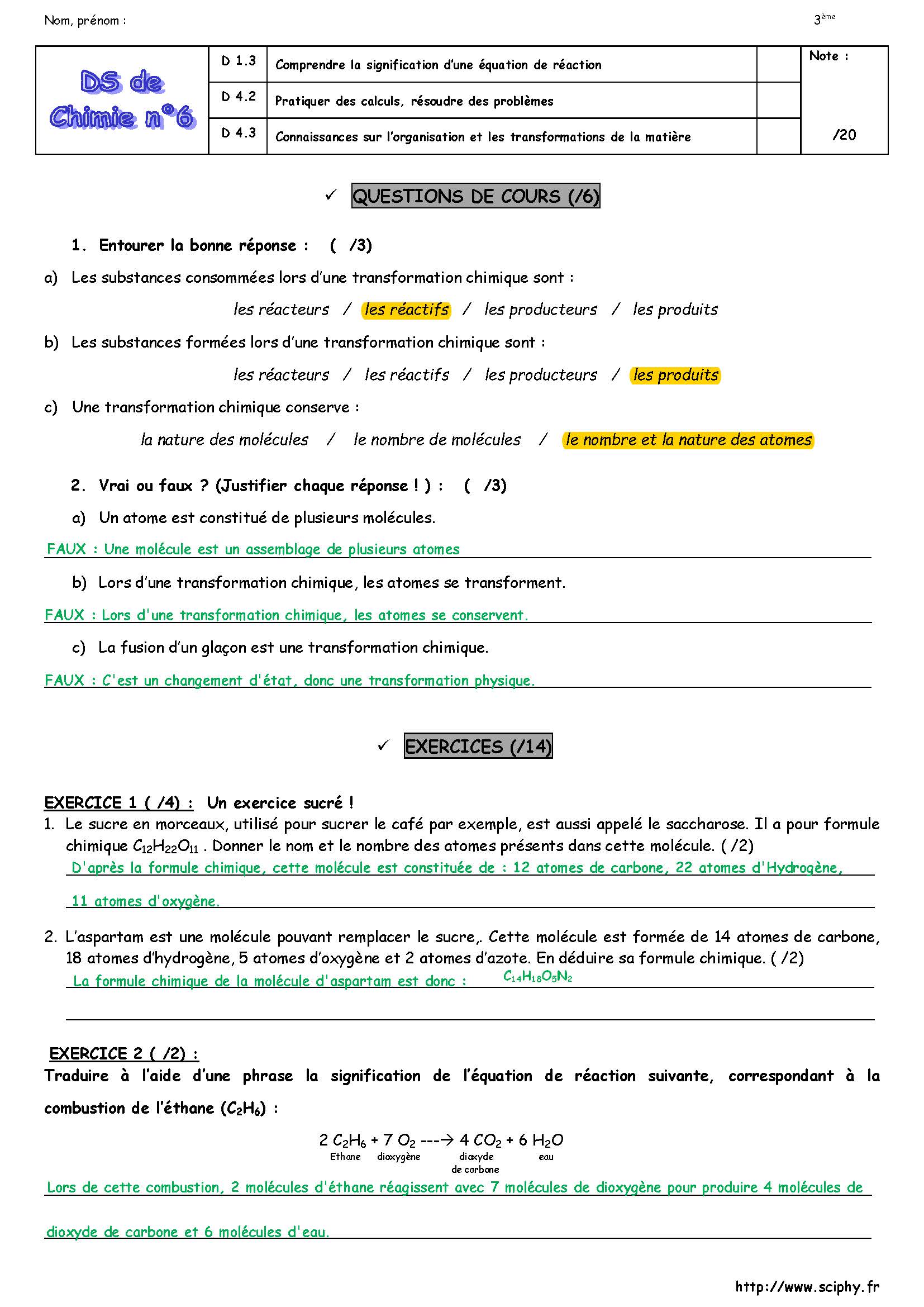 DS 6 3ème réaction chimique 2025 Page 1