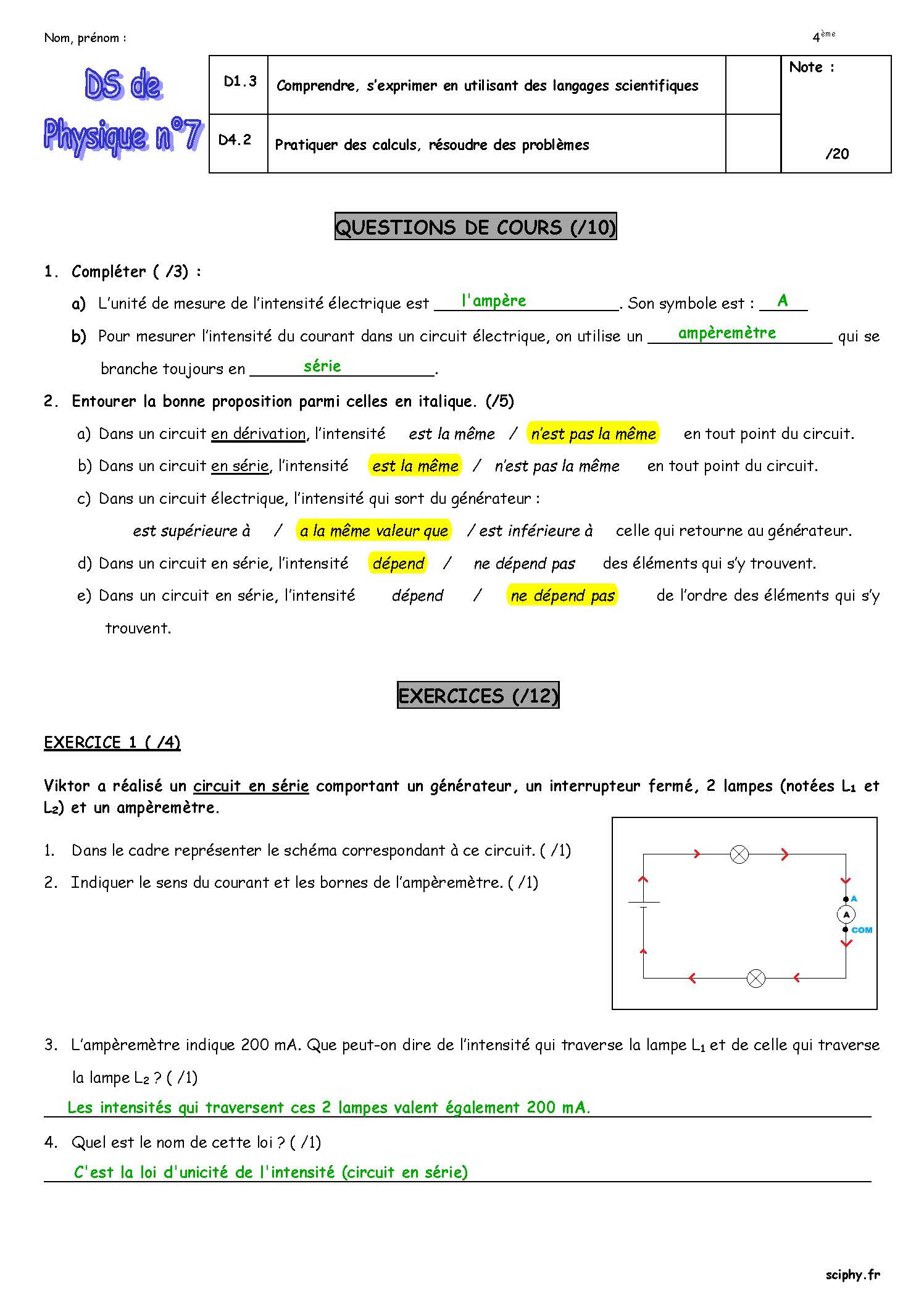 DS 7 4ème Lois intensité 2025 correction Page 1