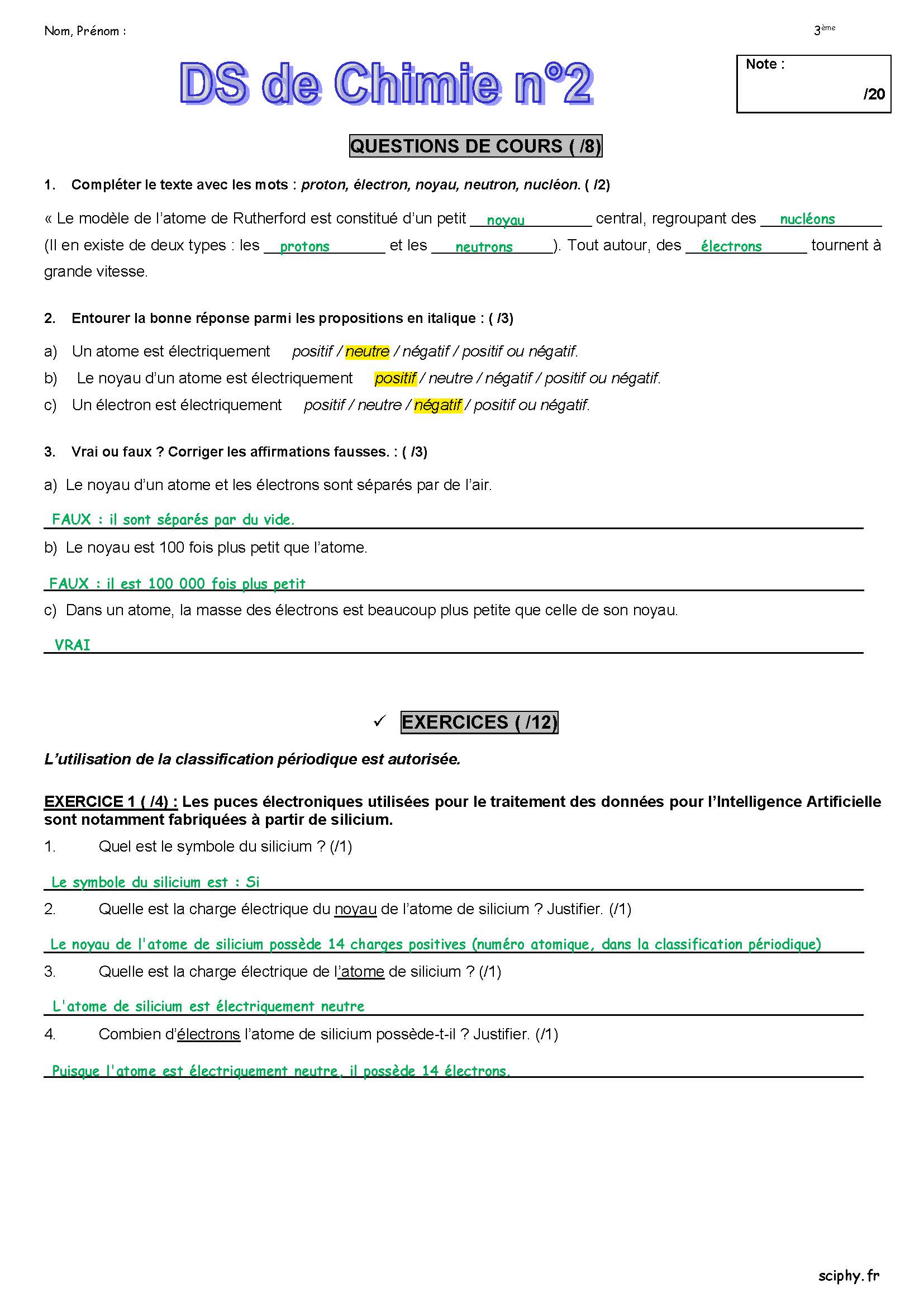 DS2 3 ème atomes 2025 2026 Page 1