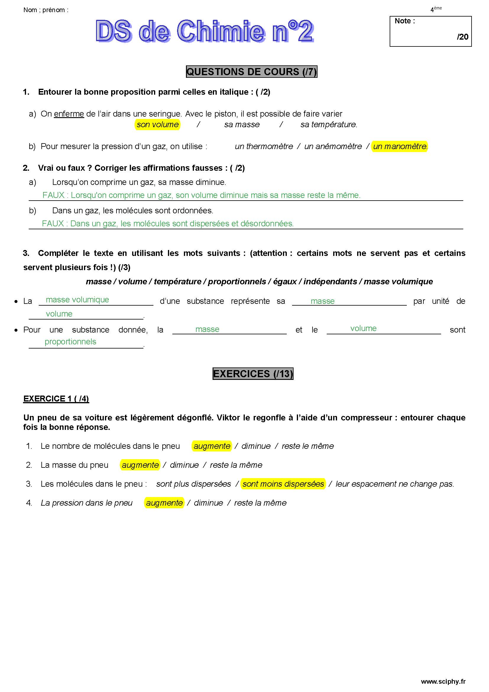 DS 2 4ème Prop Gaz masse volumique 2025 2026 Page 1