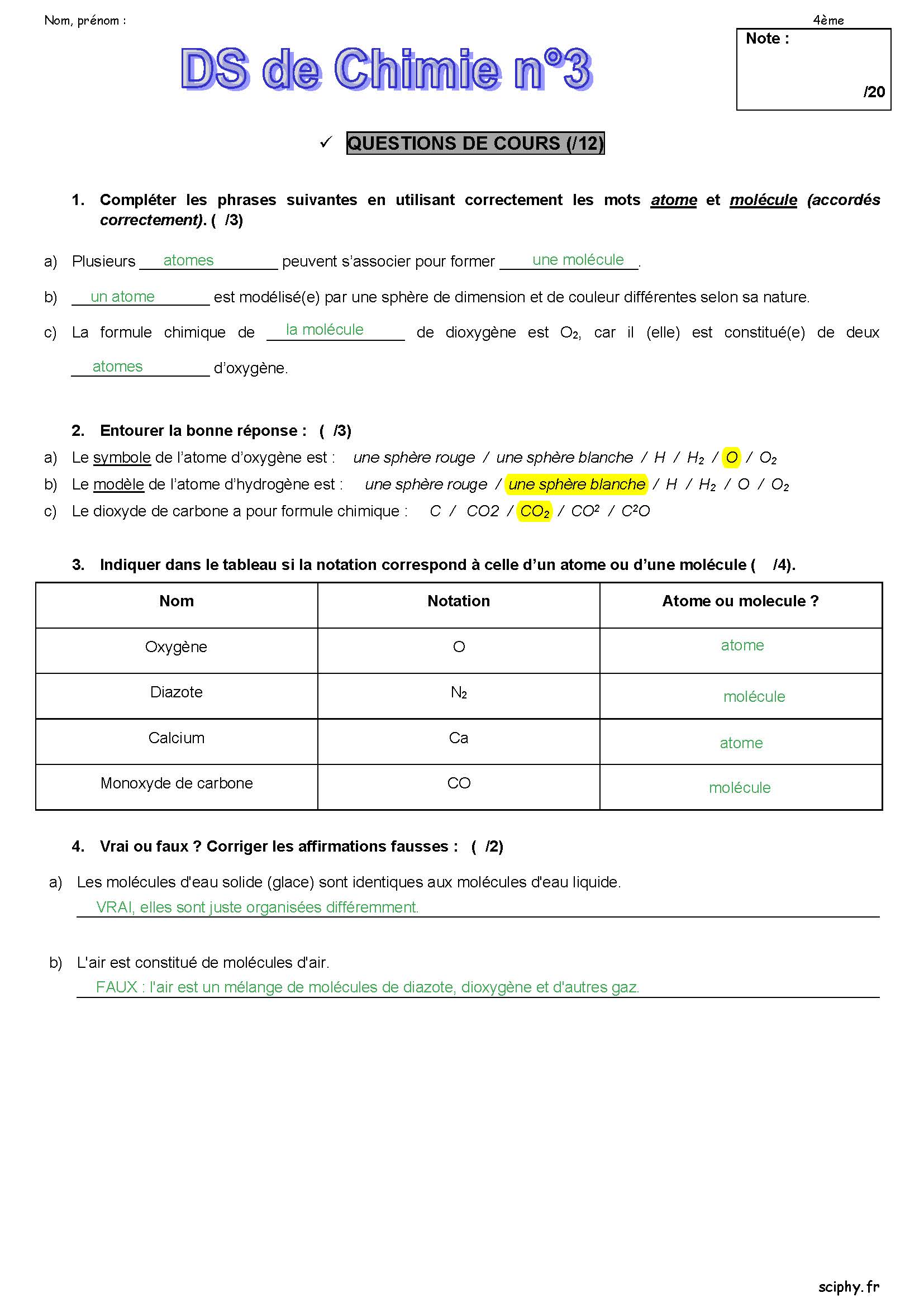 DS 3 4ème atome et molécule 2025 Page 1